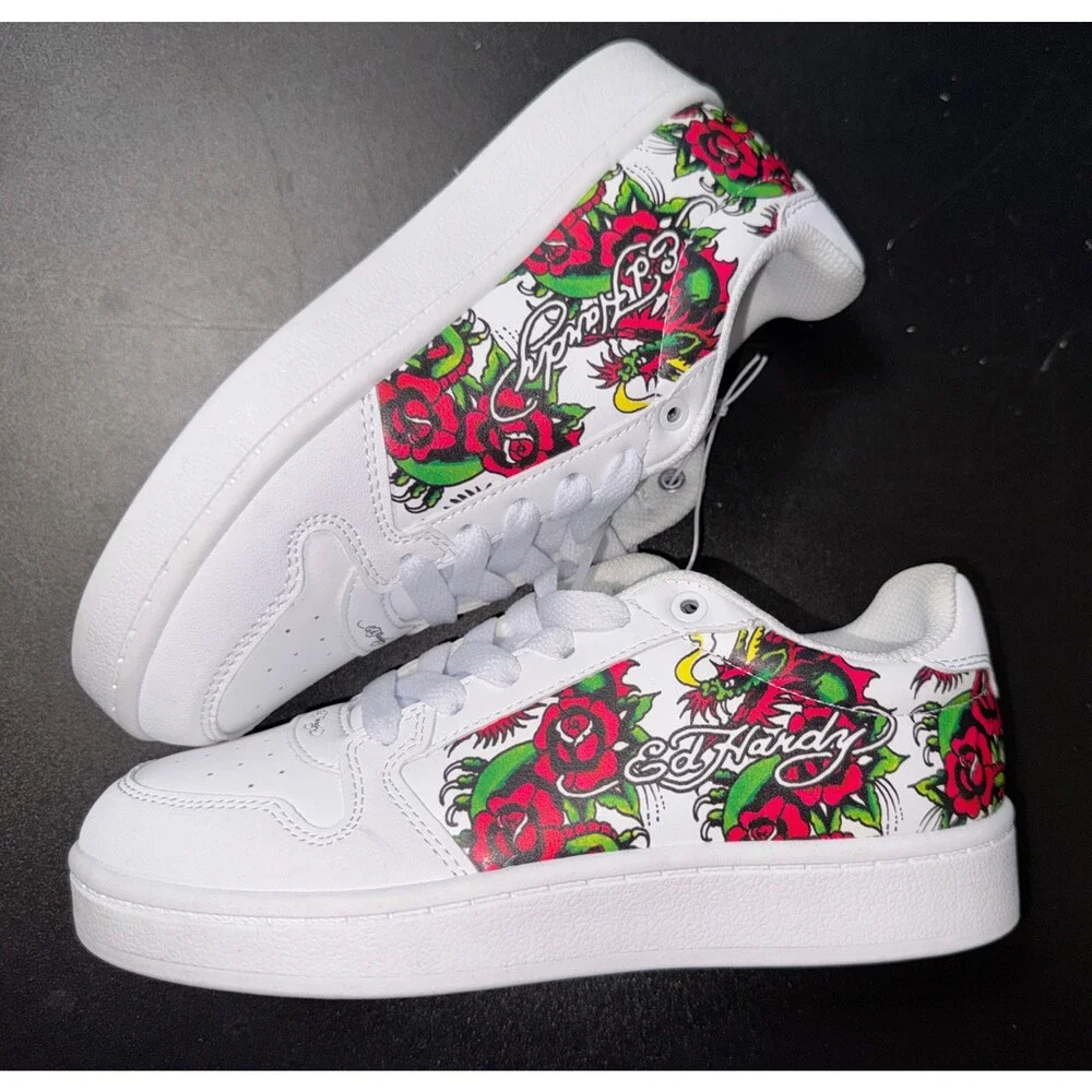 NWOB Ed Hardy Girls White Court Tattoo Sneakers with Red Rose & Dragon Detail
